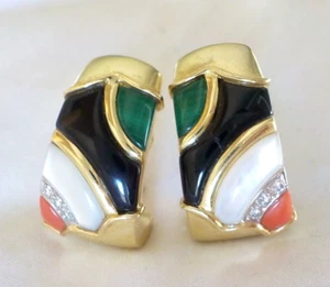 Asch Grossbardt 14K Yellow Inlay Gemstone Diamond Earrings - 21.0 gms, 1.10 inch - Picture 1 of 12