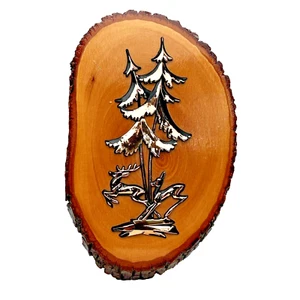 Copper Woodland Deer On Wood Slice Wall Decor Leather Hang Strap Canada 10”x6” - Picture 1 of 11