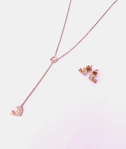 Women Fashion Rose Gold Fish with Zirconias Lariat Necklace and Earrings jewelry - Picture 1 of 1