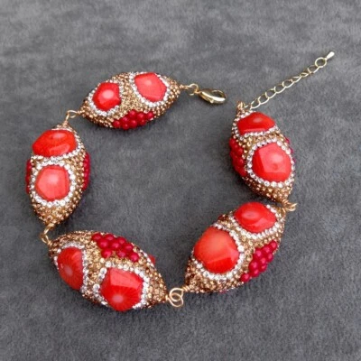 Pulsera de cuentas pavé cristal dorado coral rojo naranja de moda para mujer Foto 1 de 4