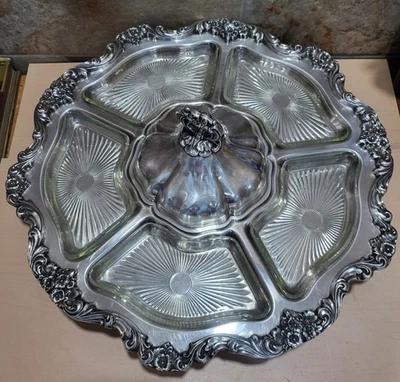 Vintage Silver Plated Lazy Susan Serving Platter 19" Turn Table Vegetable Dip C - Image 1 of 4