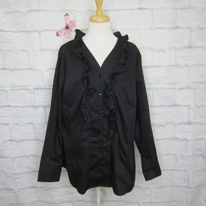 Dialogue Size 1X Black Ruffle Trim Button Up Blouse Long Sleeves New! - Picture 1 of 6