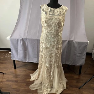 Alex Evenings Dress Womens 14 Beige Gold Floral Lace Sleeveless Gown Formal Mesh - Picture 1 of 21