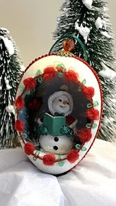 Vintage 5 Zoll Weihnachten gezuckertes mattiertes Ei Diorama Ornament Schneemann Handarbeit Kitsch Verzierungen - Bild 1 von 20
