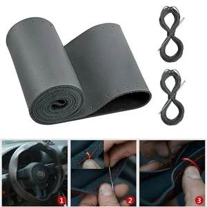 DIY Gray Leather Steering Wheel Cover 38cm Size Easy to Install with Needles - Picture 1 of 12