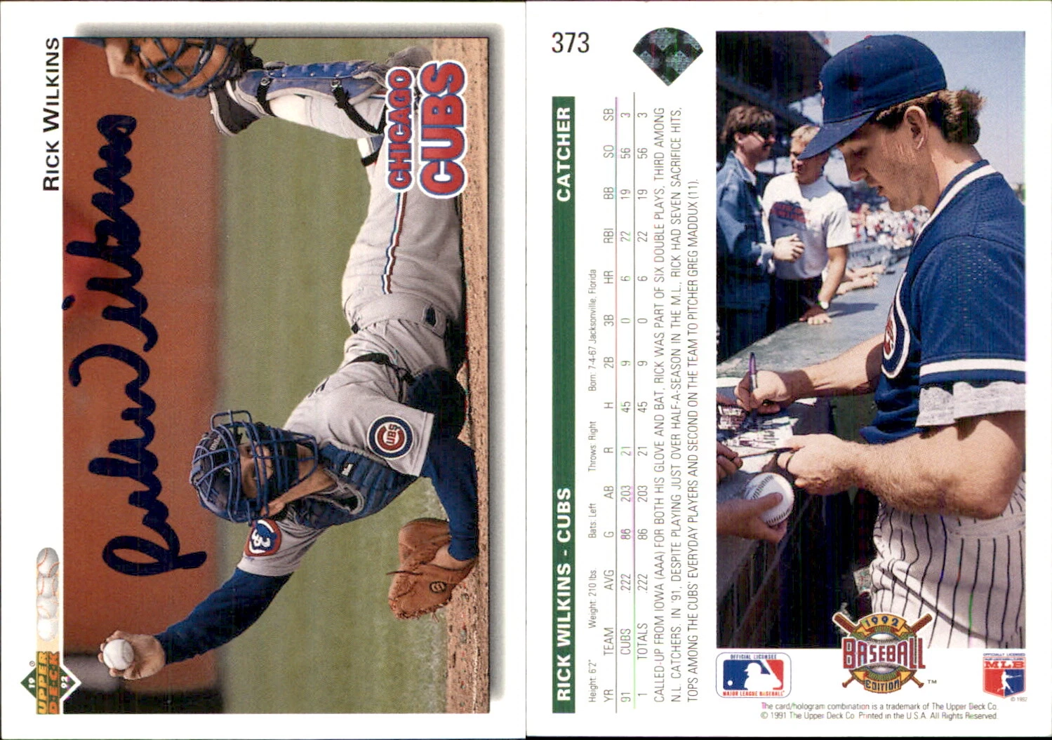Rick Wilkins Signed 1992 Upper Deck #373 Card Chicago Cubs Auto AU
