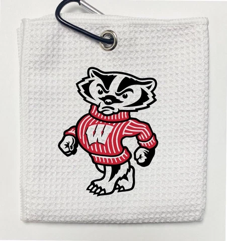 Wisconsin Badgers Golf Towel, 12 x 20, with carabiner, White Cover