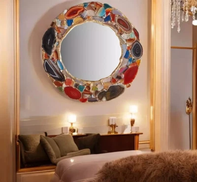18" Multi-Agate Mosaic Wall Mirror | Handmade Natural Stone Frame | Hallway Home - Image 1 of 4