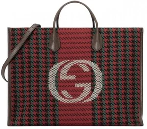 $3100 New Gucci Wool Marmont Tote Large Leather Handbag Strap Houndstooth Red - Picture 1 of 10