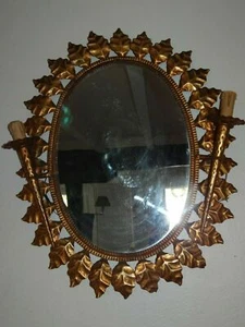 French Art Deco/ Hollywood Regency c1940's Gilt Floral Mirror w/ 2 Torch Lights - Picture 1 of 8