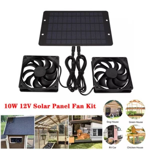 Solar Powered Fan 12V 10W Waterproof Dual Exhaust Fan For Camping Greenhouse Pet - Picture 1 of 9