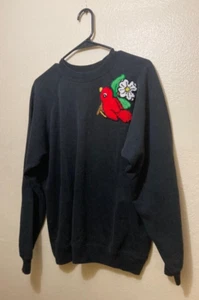 Felpa girocollo manica lunga nera patch uccellino vintage anni '80 taglia grande adulto - Foto 1 di 4