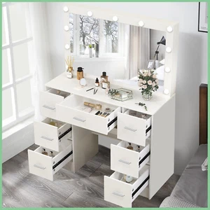 Vanity Dressing Table Makeup Desk With Large Hollywood LED Light Mirror 7-Drawer - Picture 1 of 11