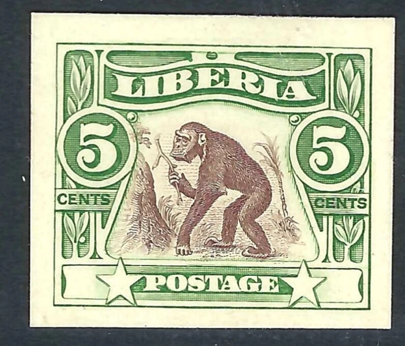 Liberia # 103 MINT Green & Brown Color Trial PROOF on Card Fauna Chimpanzee - Image 1 of 1