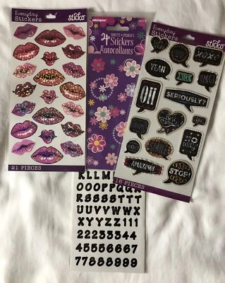 NEW Lot Of 4 Packages Of Stickers Metallic Kisses Lips Alphabet Flowers Sayings - Image 1 of 4