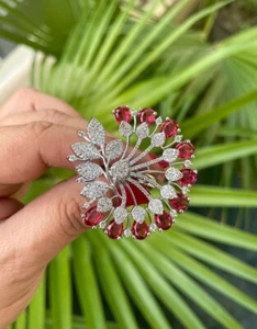 Unique Flower Design Engagement Ring With Simulated Pear Ruby & Round Sapphire - Picture 1 of 7