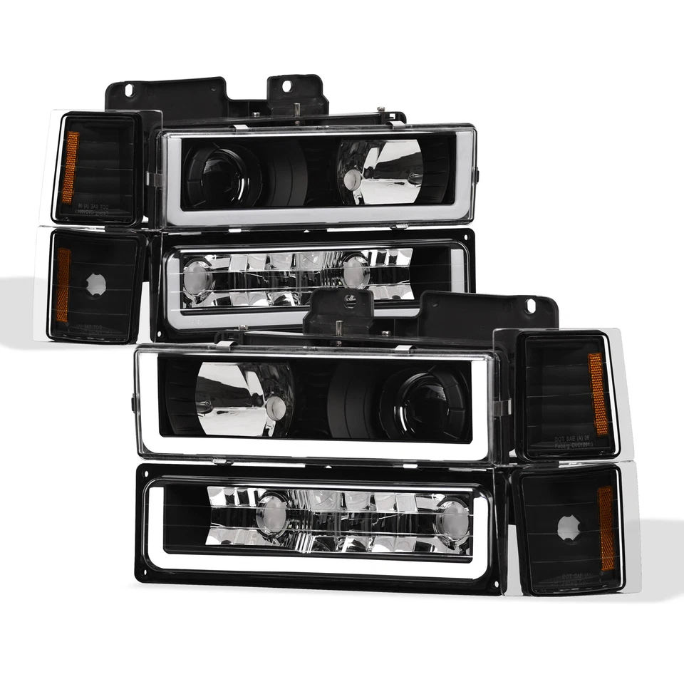 Topline For 94-00 Chevy C10 C/K LED Strip Projector Headlights+Corner+Bumper Blk Foto 1 de 4