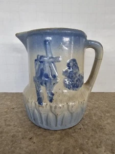 SALZGLASUR ANTIK BLAU & WEISS LAND STEINZEUG KERAMIK KRUG WINDMÜHLE 1890er - Bild 1 von 13
