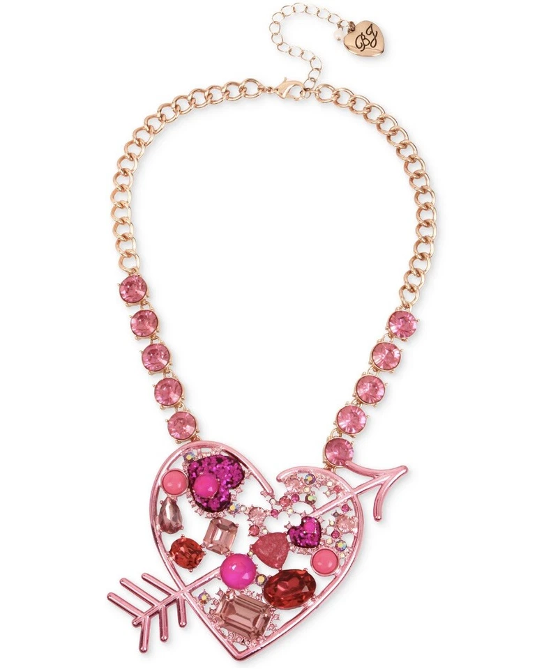 Betsey Johnson Rose Goldtone Pink Stone Heart Arrow Statement Necklace M151