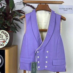 Chaleco chal de lana de doble botonadura marrón oliva (42R) nuevo con etiquetas púrpura PVP 225,00 £ - Imagen 1 de 17