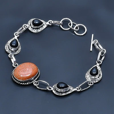 Brazalete Joyería Piedra Solar Roja, Ónix Negro Hecho a Mano Piedras Preciosas 7-8" C381 Foto 1 de 3