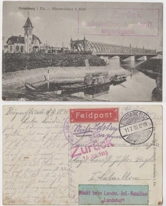 Postal Estrasburgo Alsacia Puentes del Rin Kehl tarjeta de devolución 1915 - mapa interesante - Imagen 1 de 3