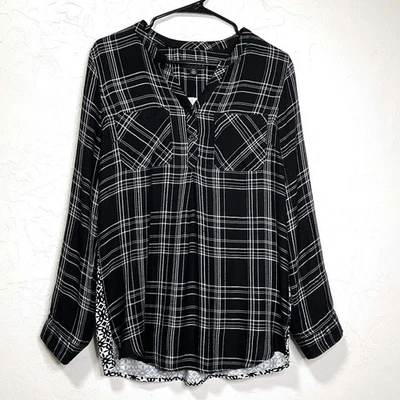 Top Tribal S Cuadros Estampado Mixto Manga Larga Negro Blanco Bufanda Espalda Boho Declaración Foto 1 de 4