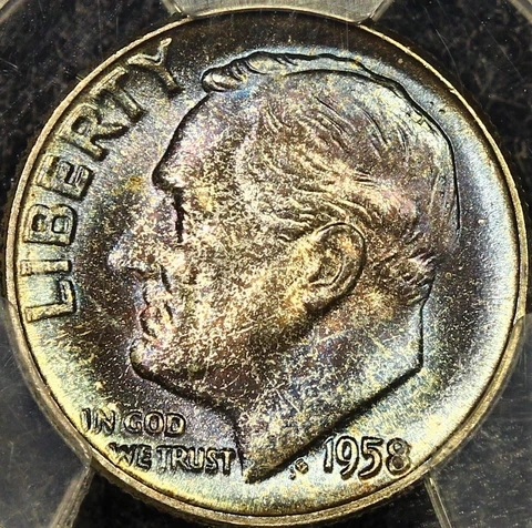 True Rainbow Toned PCGS MS67 1958 P Roosevelt Dime 10c PQ Two Sided Color Upgrad Cover