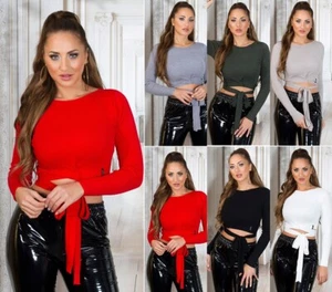 Koucla Damen Crop Pullover Strick Pulli Strickpullover Schleife Milax-Fashion