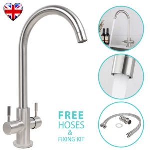 Modern Mono Kitchen Sink Mixer Tap Brushed Chrome Twin Lever Swivel Spout Faucet - Picture 1 of 13