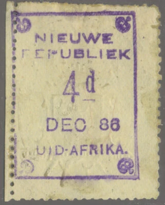 Южная Африка: Новая Республика: 1886 (январь-87) С руками, 4 d фиолетовый на желтой бумаге - Изображение 1 из 2