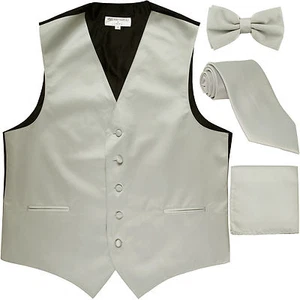 Nuevo Chaleco Esmoquin Sólido para Hombre Chaleco y Corbata y Moño y Hankie Gris Plata - Imagen 1 de 5