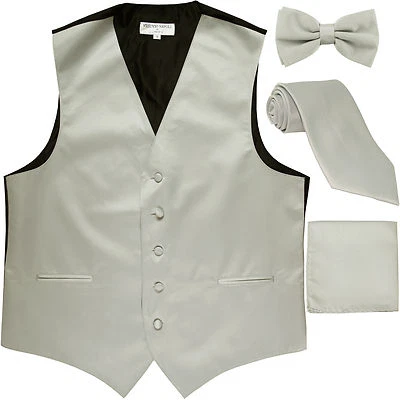 New Men's solid Tuxedo Vest Waistcoat & necktie & Bow tie & Hankie silver gray - Image 1 of 4