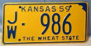 Kansas 1959 Nummernschild JW 986 Jewell County Originallack gut #1jb - Bild 1 von 2