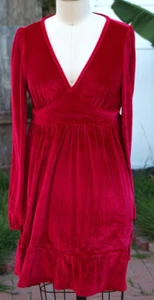 Abito Velluto Rosso Rubino M Vita Impero Manica Lunga Fit-N-Flare Scollo a V Increspato - Foto 1 di 5