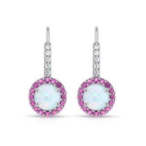 Round Halo Simulated Opal & Ruby Leverback Earrings in Sterling Silver - Picture 1 of 3