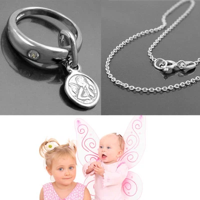 FACHHANDEL-DIREKT Schutz Engel Taufring mit weißem Zirkonia mit 38 cm Anker Kette Echt Silber 925