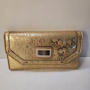 GUESS Womens Trifold Wallet Gold Pocketbook Flower Embellishments Metallic - Picture 1 of 9