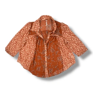 Free People Floral Sheer Distressed Oversized Button Front Blouse Top Size Small - Picture 1 of 7