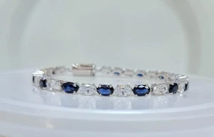 Blue Sapphire & Moissanite Oval Tennis Bracelet Platinum On Sterling Silver 7 In - Picture 1 of 8
