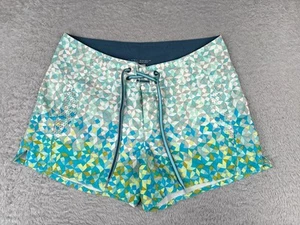 Patagonia Swim Trunks Womens 8 S Teal Blue Green Tile Pattern Board Shorts Nylon - Picture 1 of 13