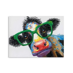 Cow Print Bathroom Farmhouse Decor: Colorful Curious Cow with Large Green Gla... - Picture 1 of 7