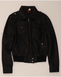 H&M Womens Bomber Leather Jacket EU 36 Small Black Leather BG09 - Picture 1 of 3