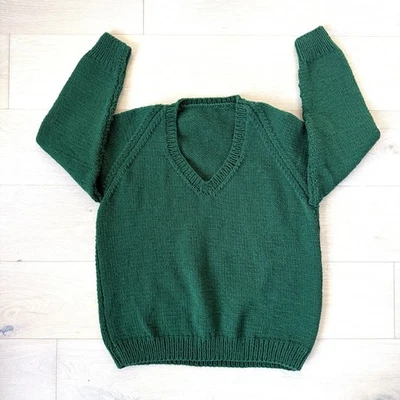 Suéter Pullover Verde Tejido Preppy Top Años 80 Vintage Hecho a Mano Cuello en V Talla Lg Foto 1 de 4