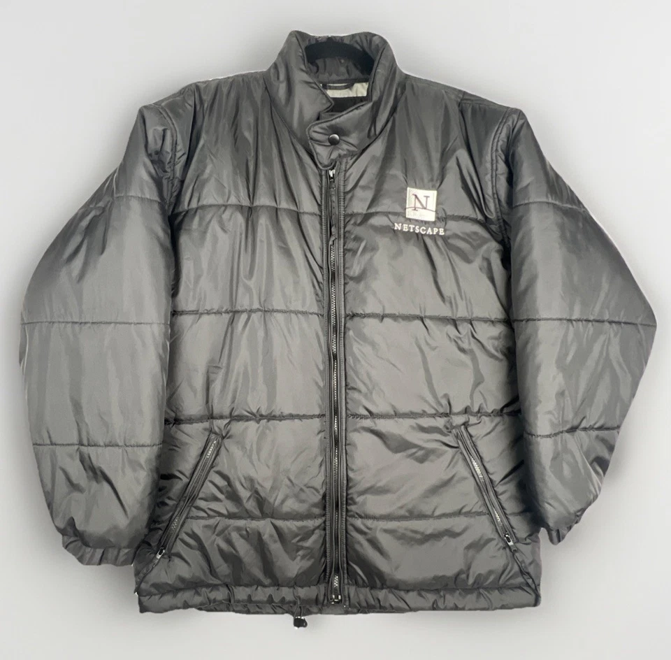 Vintage Netscape Jacket Black Puffer Full Zip Silver Lining Rare Size M 90’s Y2K - Image 1 of 4