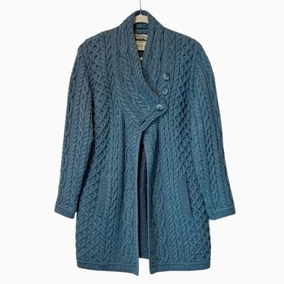 Aran Crafts Merino Wool 3-Button Blue Cardigan Crossover Long Sweater Medium M - Image 1 of 4