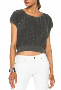 PAM & GELA WOMEN'S PIGMENT BLACK STUDDED CROP SWEATSHIRT TOP $145.00 NWT L - Picture 1 of 5