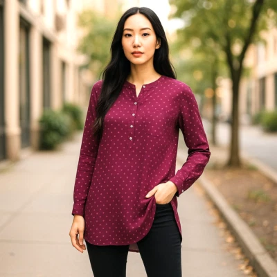 Туника топ Merona на 5 пуговицах женская S/бургундия+слоновая кость/длинные рукава/разделенное боковое ребро - Изображение 1 из 4