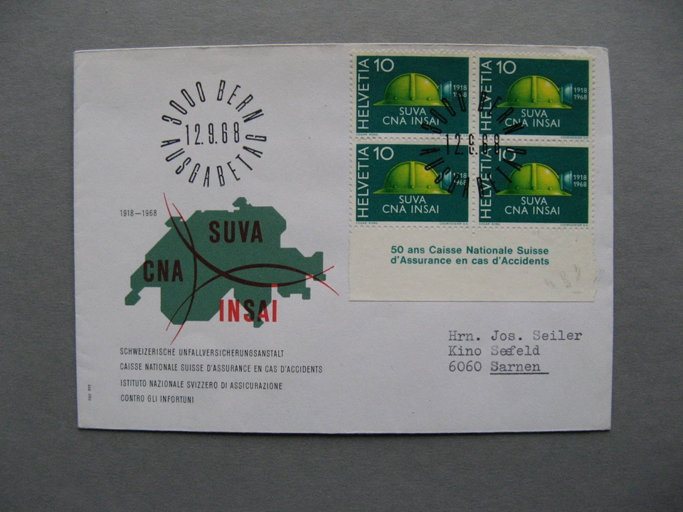 SWITZERLAND, cover FDC 1968, block of 4 with margin 50 years SUVA CNA INSAI - Image 1 of 1
