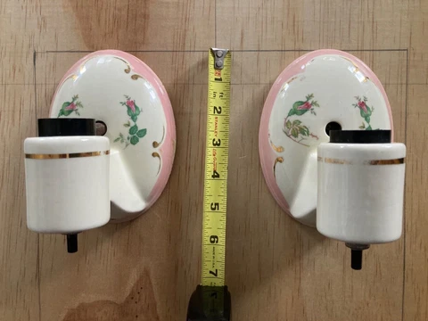 Vintage Pair of Porcelier Porcelain Floral Wall Sconces, Pink w/Gold Trim Flower Cover